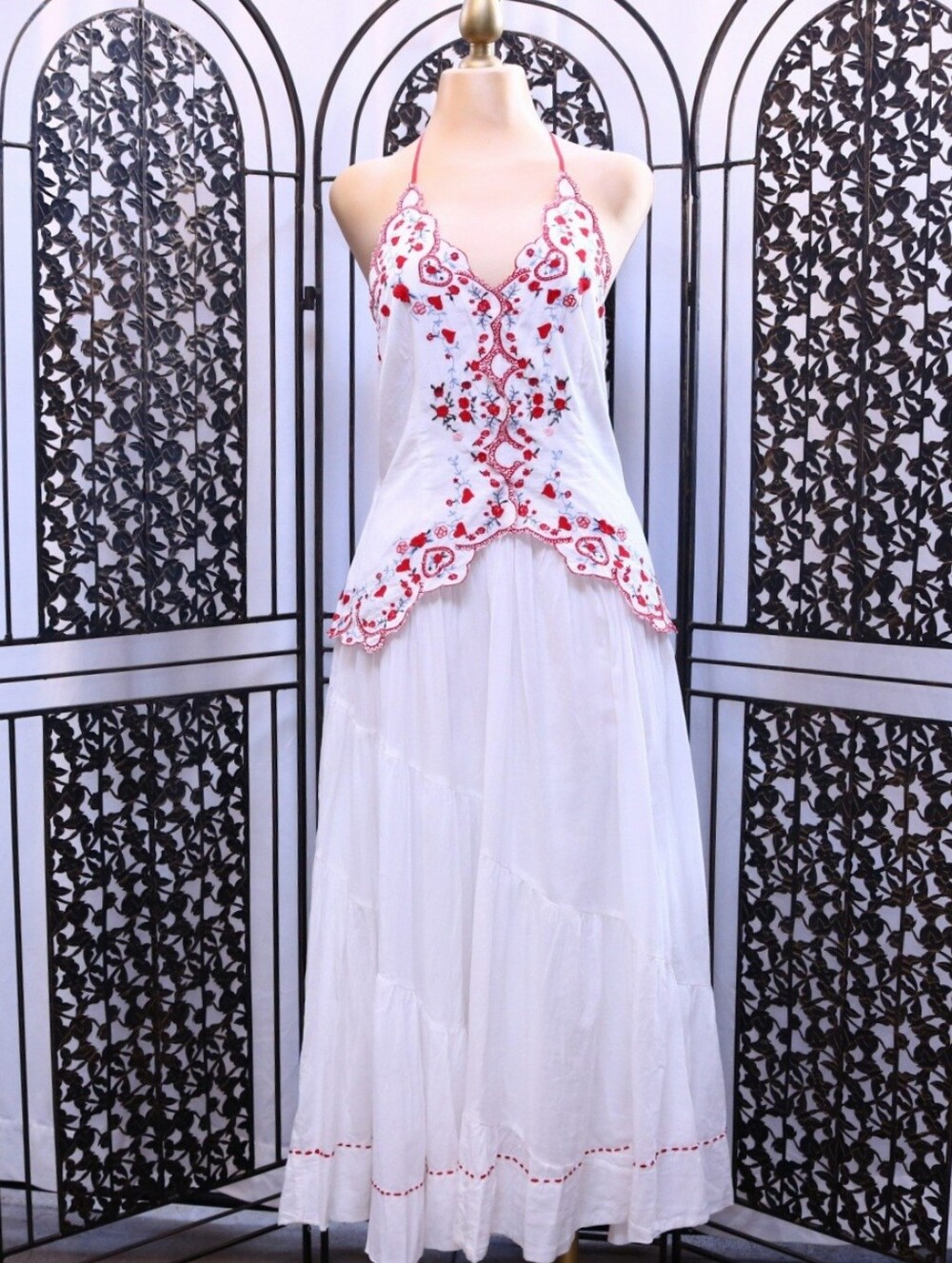 Free People Valencianas Embroidered Halter Maxi Dress Ivory Red Size M NWOT